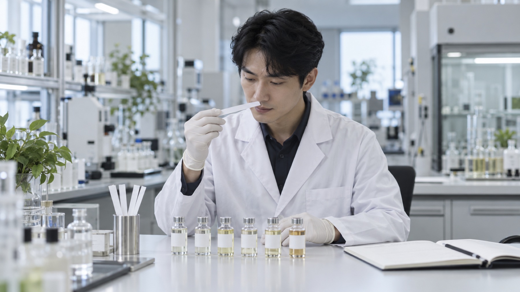 연구자가 시향지로 향 샘플을 비교하는 AI 생성 장면. 실제 에바스 연구실 사진이 아닙니다.